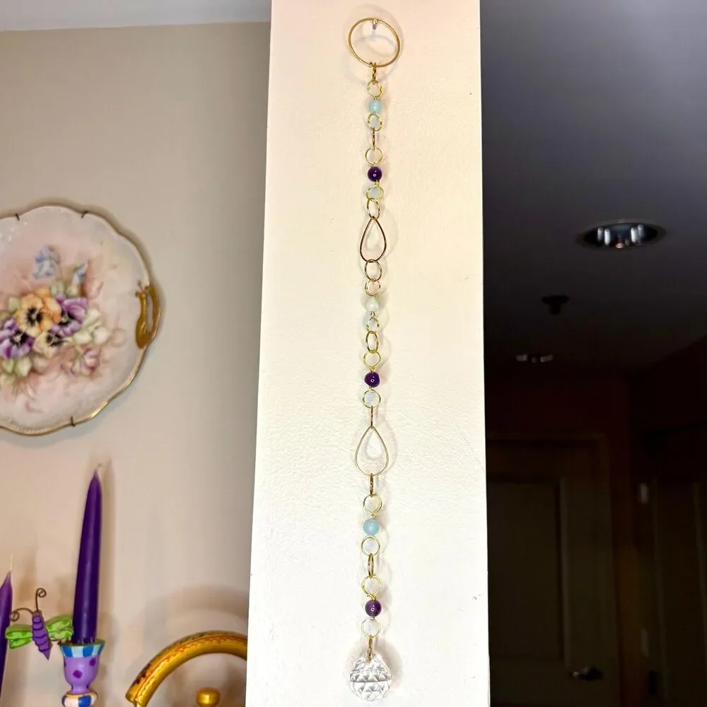 Aquamarine Amethyst Bead Hanging | Gold Teardrop Frame | Crystal Ball Prism